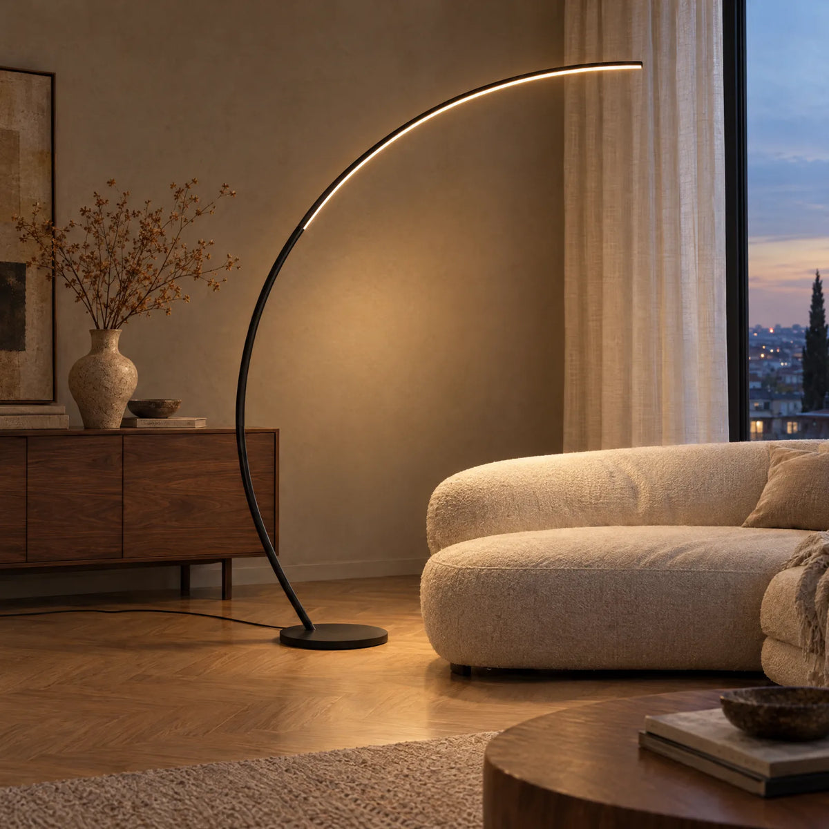 Aluna LED-Bogenleuchte in Schwarz über einem Sofa am Abend