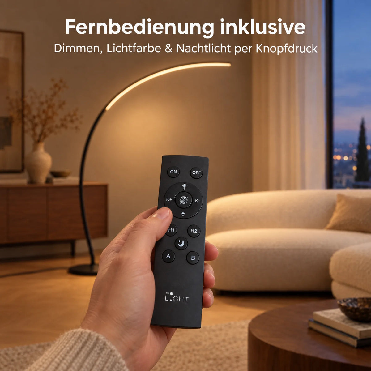 Aluna Bogenleuchte in Schwarz mit Tap-Light Fernbedienung