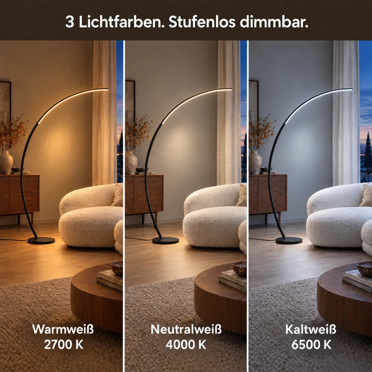 Aluna Bogenleuchte in Schwarz in Warmweiß 2700 K, Neutralweiß 4000 K und Kaltweiß 6500 K