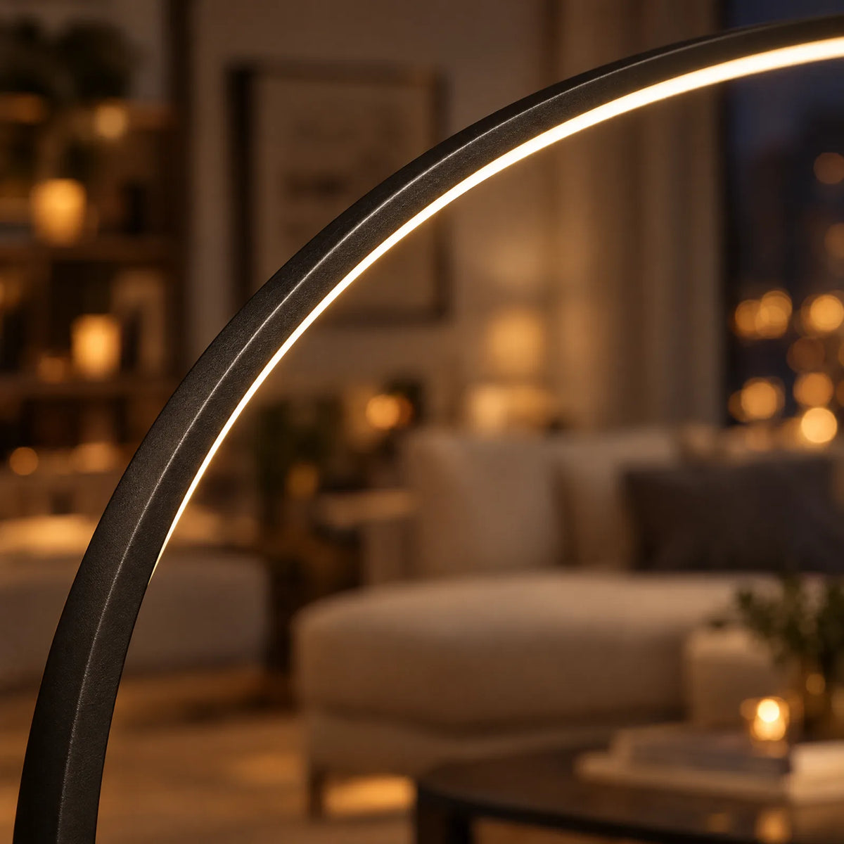 Detail des LED-Lichtbands der Aluna Bogenleuchte in Schwarz