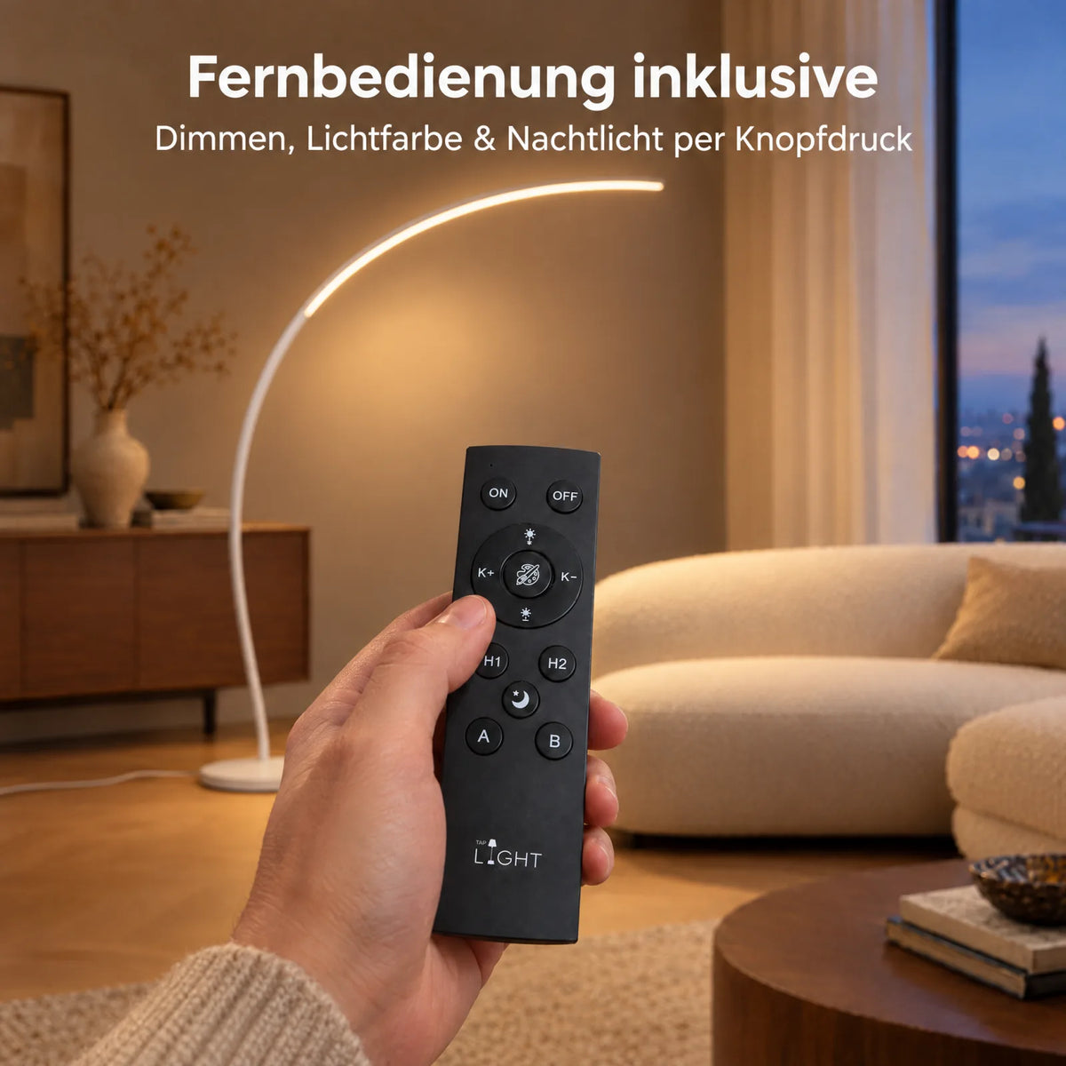 Aluna Bogenleuchte in Weiß mit Tap-Light Fernbedienung