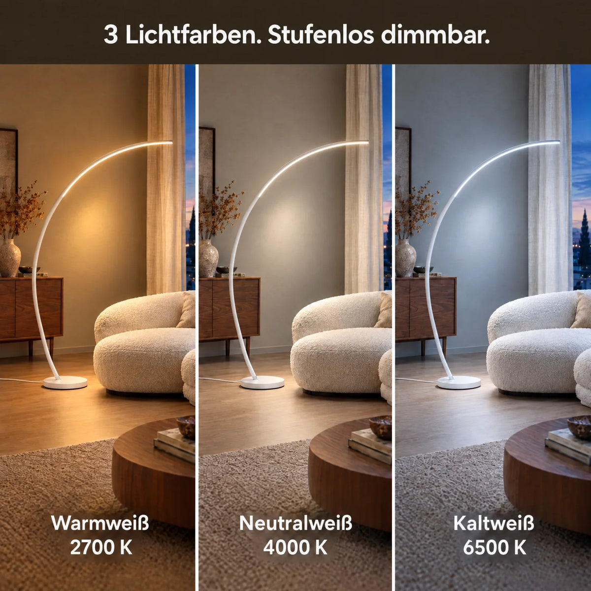 Aluna Bogenleuchte in Weiß in Warmweiß 2700 K, Neutralweiß 4000 K und Kaltweiß 6500 K
