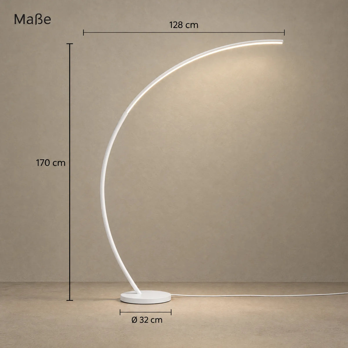 Maße der Aluna Bogenleuchte in Weiß: 170 cm Höhe, 128 cm Ausladung, Fuß Ø 32 cm